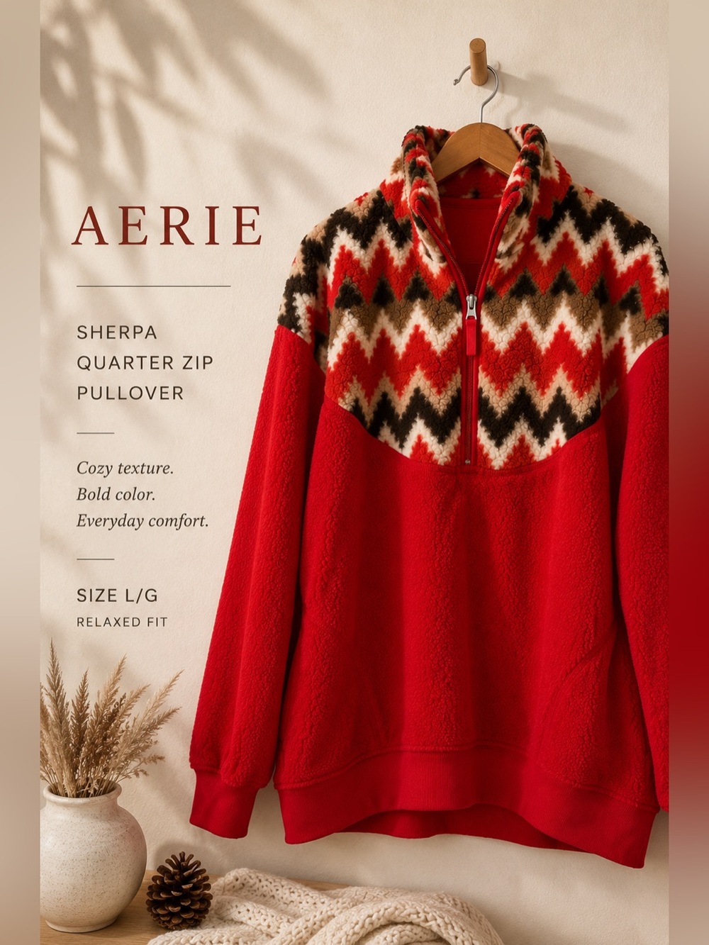 Aerie Sherpa Fair Isle Quarter Zip Pullover Red Size L/G